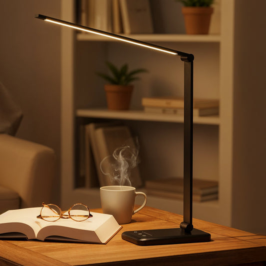 Lampa de Birou Elindor® Neagra cu LED, Pliabila, Incarcare USB si Incare Wireless Telefon, 5 Moduri Lumina Camera Rece/Cald si 5 Intensitati, Veioza Control prin Atingere, Potrivita si pentru Noptiera in Dormitor, Oprire Automata, 39 x 3 x 10,8 cm