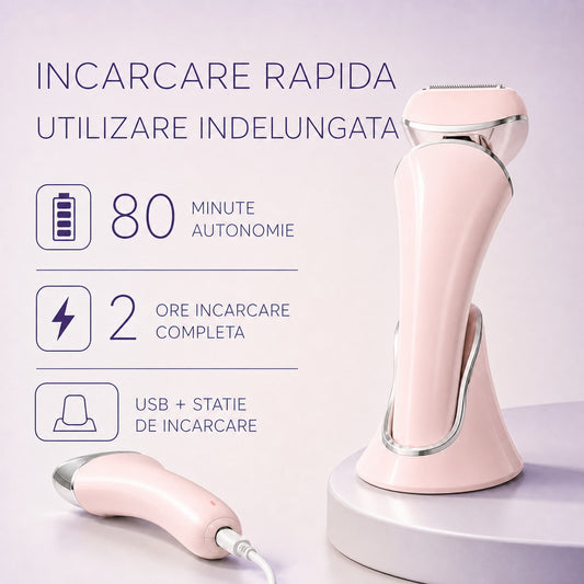 Aparat de Ras Electric pentru Femei Elindor® Epilator 3 in 1 Umed si Uscat, 3 tipuri de Lame Detasabile, IPX 6, Trimmer Reincarcabil USB, Statie de Incarcare, Epilat pentru Dama, 900mAh, Epilare Maini, Picioare, Axile si Inghinal, Roz