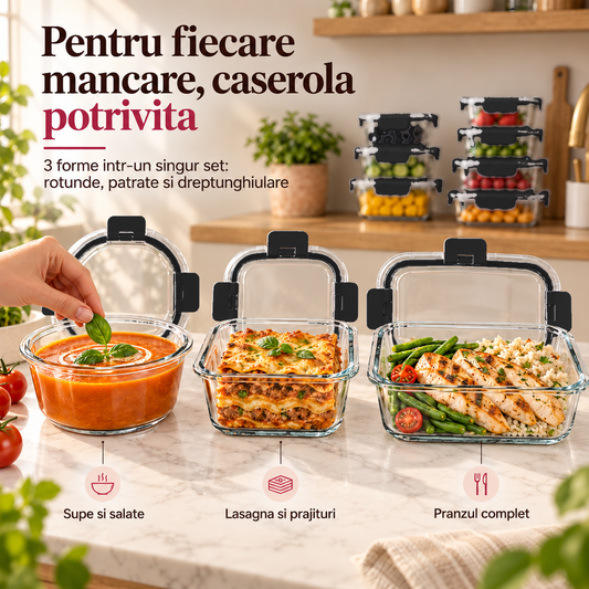 Set de 12 Caserole Elindor® din Sticla Borosilicata, Recipiente Ingrediente pentru Bucatarie, pentru Alimente Uscate, Recipient pentru Depozitare Zahar, Cafea, Paste, Cereale, Capac Etans, 320–1040 ml, Negru