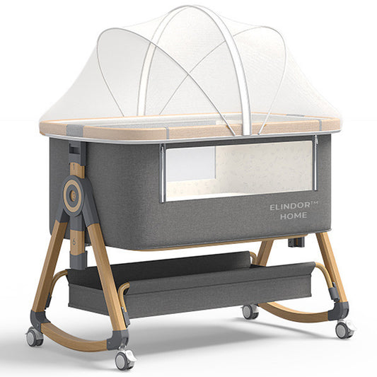 Patut Pliabil Bebelusi Elindo® 3 in 1, Copii 0-12 luni, Leagan Bebe pe 2 Etaje, Cos Depozitare, 6 Trepte de Inaltime Reglabila, Portabil, Plasa Laterala, Roti cu Sistem Blocare, Saltea Integrata, Greutate Maxima 15 kg, Gri