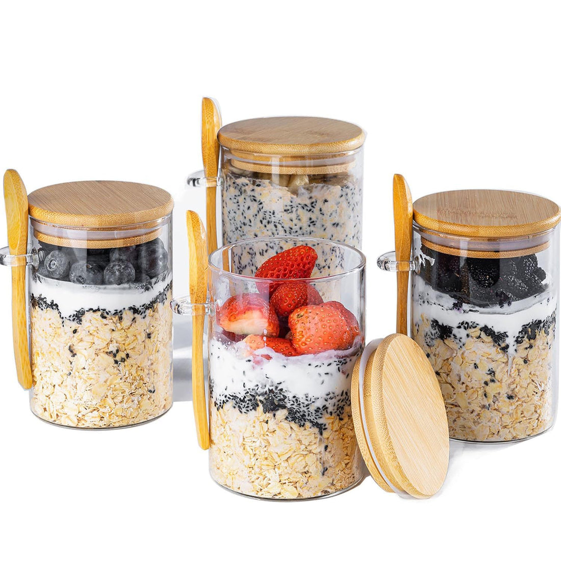 Set 4 Recipiente din Sticla Elindor®, Borcane cu Capac pentru Mic Dejun, Iaurt, Fulgi, Desert, Budinca, Gustari, 470 ml, Dimensiuni 8.5×8.5×12 cm, Transparent