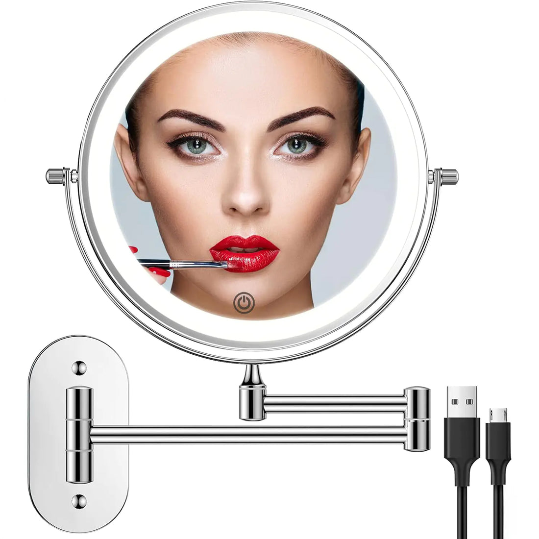 Oglinda de Machiaj Dubla Elindor® cu Iluminare LED, Marire 10X, Fixare pe Perete, Reincarcabila, Argintiu