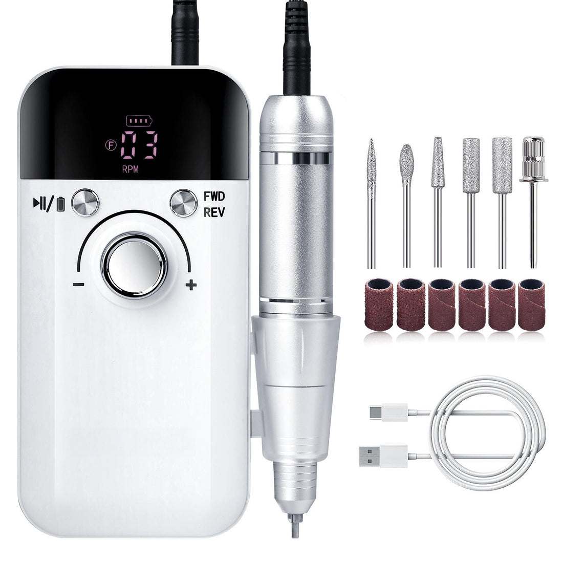 Freza Unghii Electrica Elindor® cu Suport Pila Electrica Reincarcabila, Set Complet de Ingrijire pentru Manichiura si Pedichiura Profesionala, Cuticule sau Calcaie, 45000 RPM, Viteza Reglaj Continuu, 6 Capete Detasabile, 6 Benzi Abrazive, Ecran LCD, Alb