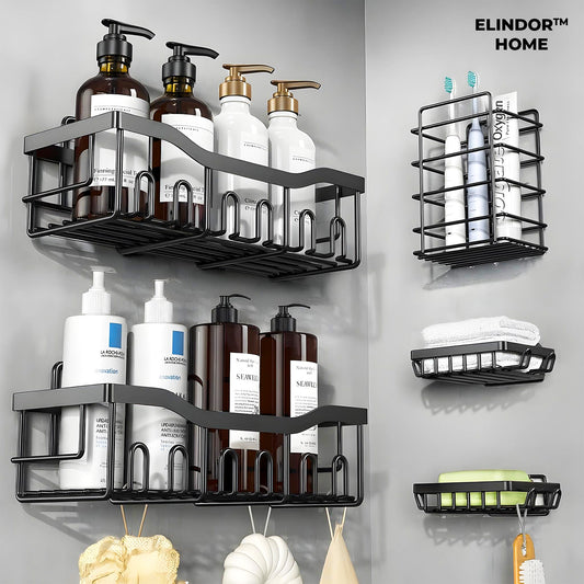 Set 5 Rafturi de Dus Elindor® Polita cu Adeziv, Etajera de Baie pentru Colt, Raft cu Carlige, din Otel Carbon, Suport Prosop si Sapun, Organizator Baie sau Etajere Depozitare in Bucatarie, Accesorii, 14 × 32.3 × 10.5 cm, Negru