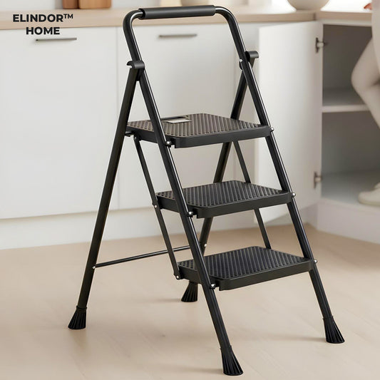 Scara Pliabila Metalica Elindor® cu 3 Trepte, Portabila, cu Pedale si Maner Antiderapante, Ideala pentru Interior sau Exterior, pentru Uz Casnic, Usor de Depozitate, 51 × 68 × 104 cm, Negru
