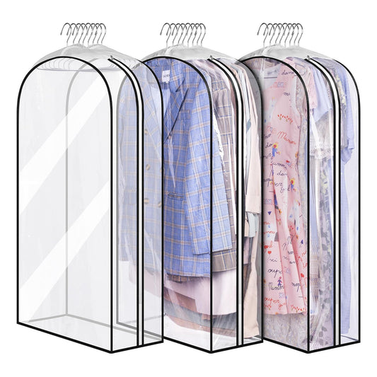 Set 3 Huse Depozitare Elindor® pentru Haine Dulap, Organizator pentru Dormitor Studentesc, Organizatoare Mari cu 8 Umerase, Organizare Multifunctionala, Separator Haine cu Fermoar Lateral, 100 x 60 x 25 cm, Transparent