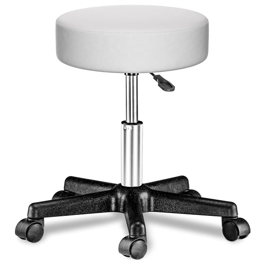 Scaun Rotativ Elindor® cu Roti, Ergonomic, fara Spatar si Manere, Design Compact, Tapitat cu Burete Moale, cu Picior Metalic, Potrivite pentru Living, Bucatarie, Birou, Dormitor, Inaltime Ajustabila, 49 x 49 x 46-60 cm, Alb