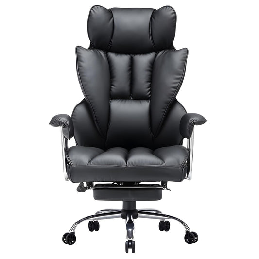 Scaun de Birou Elindor® Ergonomic, Design Contemporan, Scaun cu Spatar si Manere, din Piele PU cu Suport pentru Picioare si Lombar, cu Roti, 52 x 60 x 127 cm, Negru