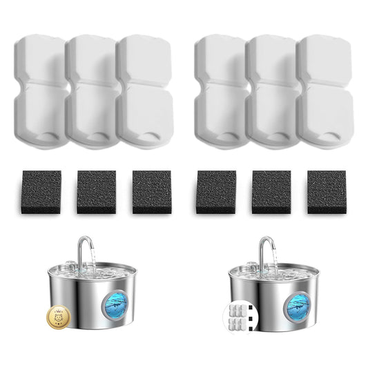 Set 6 Filtre de Rezerva + 6 Filtre de Burete Elindor® pentru Dispenser de Apa 2.2 l pentru Animale Tip Adapator, Accesorii Purificare si Filtrare Cvadrupla pentru Fantana pentru Pisici si Caini, Elimina Eficient Firele de Par si Impuritatile, Alb