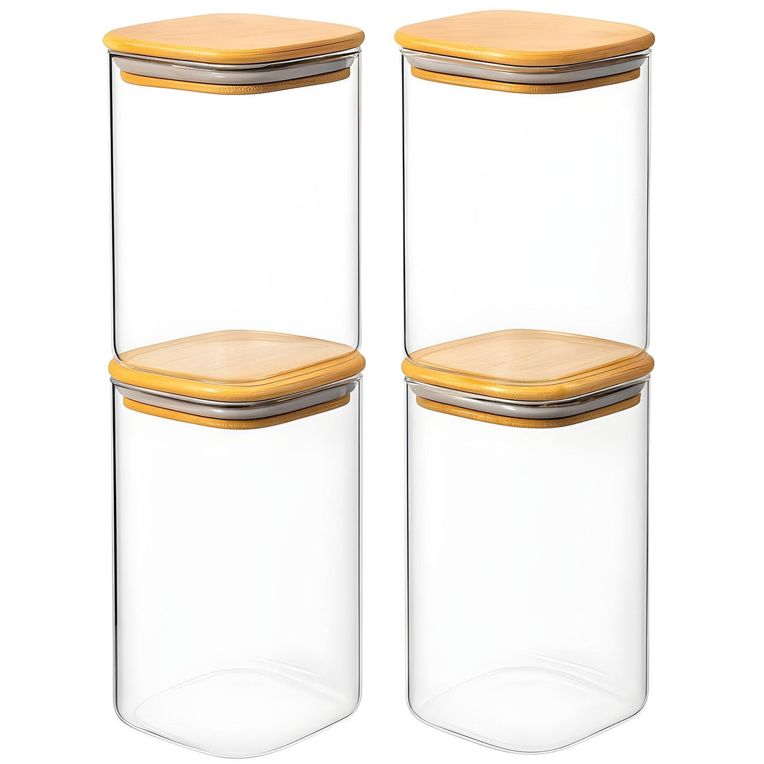 Set 4 Borcane din Sticla Elindor® cu Capac Ermetic din Bambus, Borcan 1100 ml Ideal pentru Miere, Dulceata, Condimente, Cafea, Zahari, Recipient Depozitare in Bucatarie, Transparent