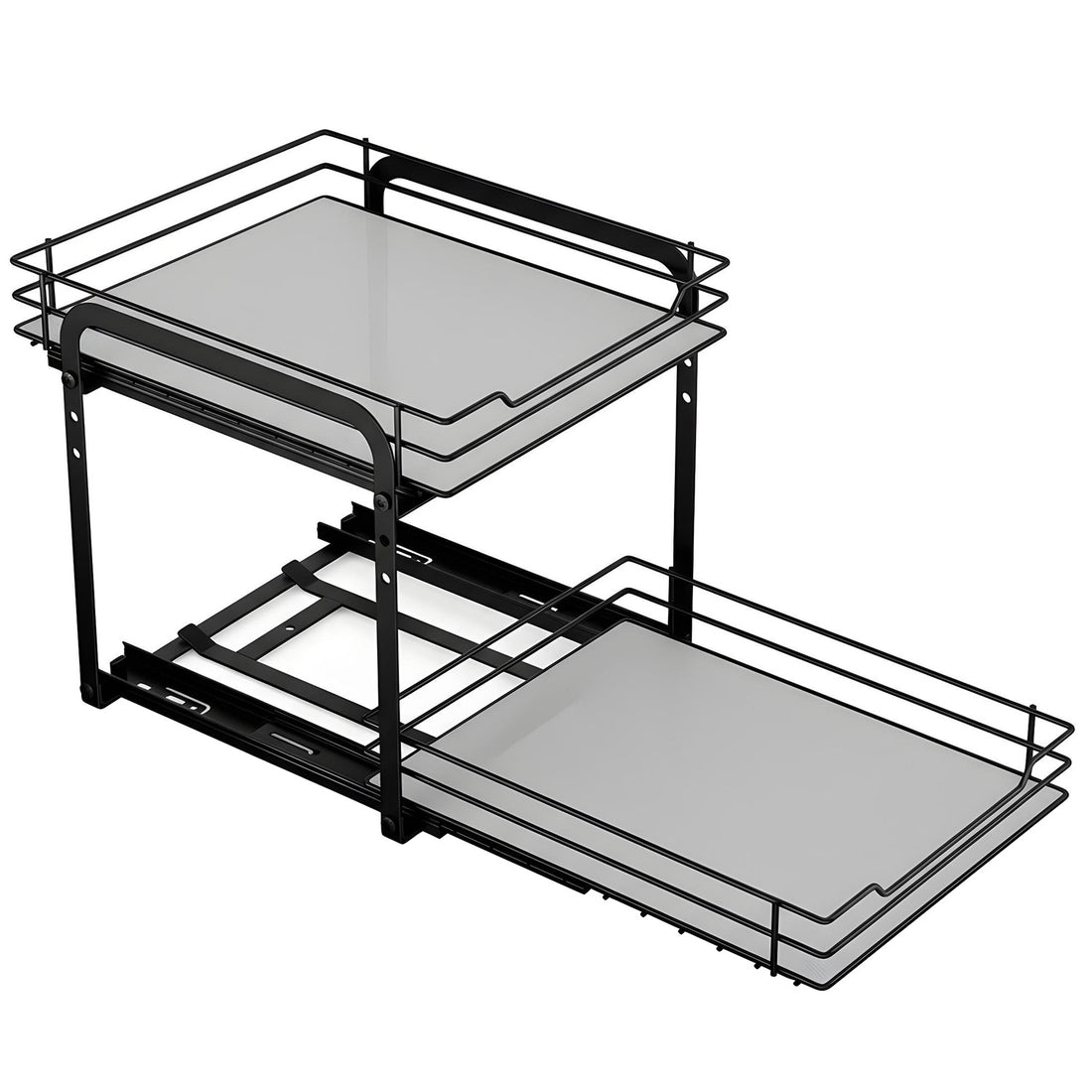 Organizator Condimente Elindor® pe 2 Nivele, Sertar Glisant Organizare, pe Blat sau in Dulap sub Chiuveta, Suport Metalic, pentru Bucatarie, Baie, Camara, Bar, Raft cu Sertare Depozitare Condimente, 26.4 × 23.2 × 23 cm, Negru
