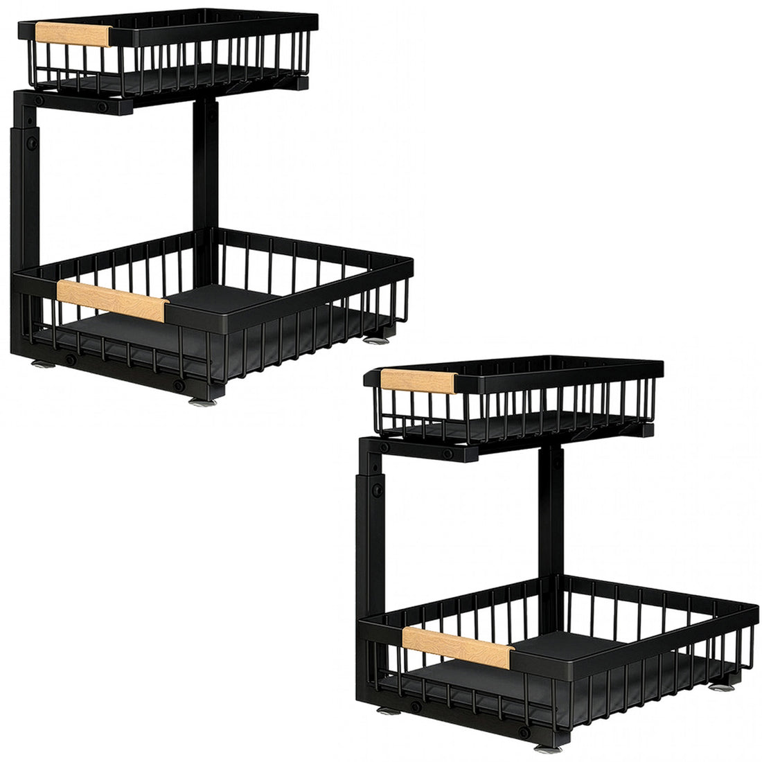 Organizator Multifunctional Elindor® pe 2 Nivele, 2x Sertar Glisant, Montat pe Blat sau in Dulap sub Chiuveta, Suport Metalic Organizare, pentru Bucatarie, Baie, Camara, Bar, Raft cu Sertare Depozitare Legume, Detergenti, Parfumuri, 40×30×43 cm, Negru