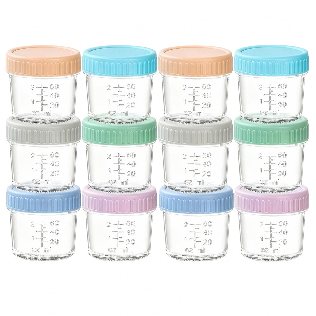 Set 12 Recipiente Elindor® pentru Hranire Bebelusi, pentru Diversificare, Hranire si Alaptare, Ideale pentru Lapte Praf, Sticle pentru Mancare, din Sticla, fara BPA, 6 x 6.2 cm, Multicolor