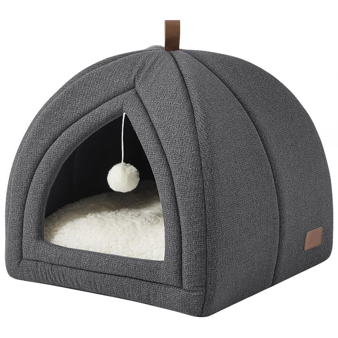 Pat pentru Pisici si Caini Elindor® Tip Cort, Culcus cu Interior Pliabil, Cu Perna Detasabila si Lavabila, Jucarie Agatata, Ascunzatoare pentru Odihna si Joaca, 40×40×40 cm, Gri Inchis
