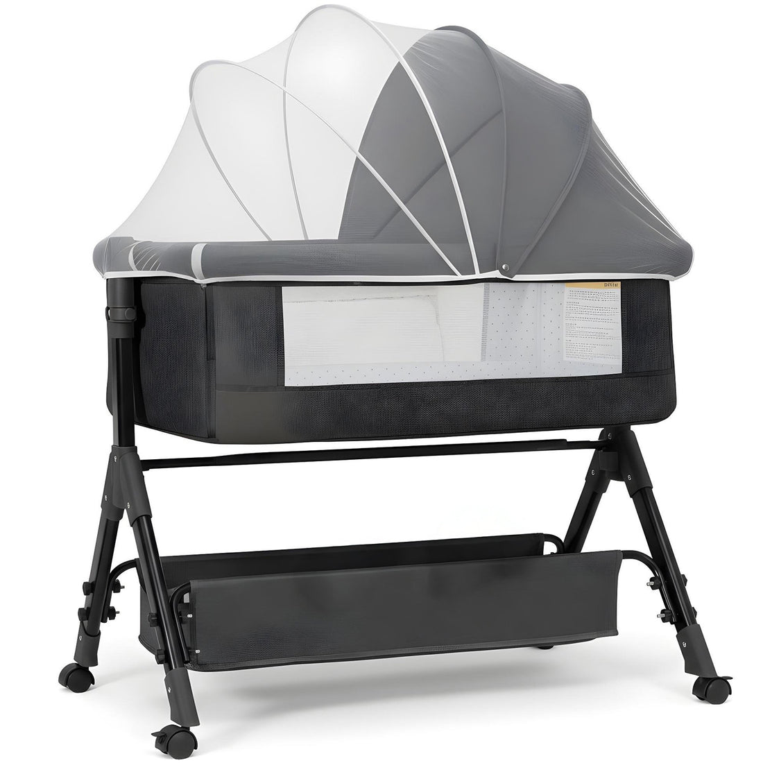 Patut Pliabil Bebelusi Elindor® 3-in-1, pentru Copii 0-36 luni, Leagan Bebe pe 2 Etaje, Cos Depozitare, 3 Trepte de Inaltime Reglabila, Plasa Laterala, Geanta Transport Calatorie, Roti cu Sistem Blocare, Saltea Integrata, Greutate Maxima 15 kg, Gri Inchis