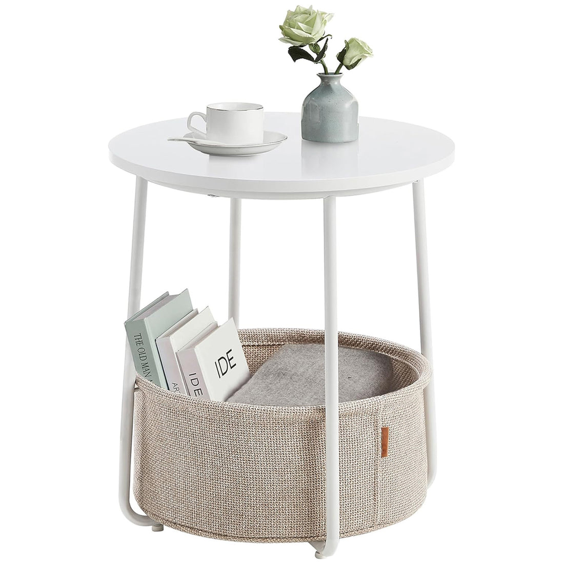 Masa de Cafea Laterala Elindor® Rotunda, Design Industrial, Ideala pentru Living, Birou, Dormitor, Mobila Multifunctionala, Moderna, Greutate Maxima Suportata 35 kg, Cos Depozitare, 50 x 45 x 45 cm, Alb