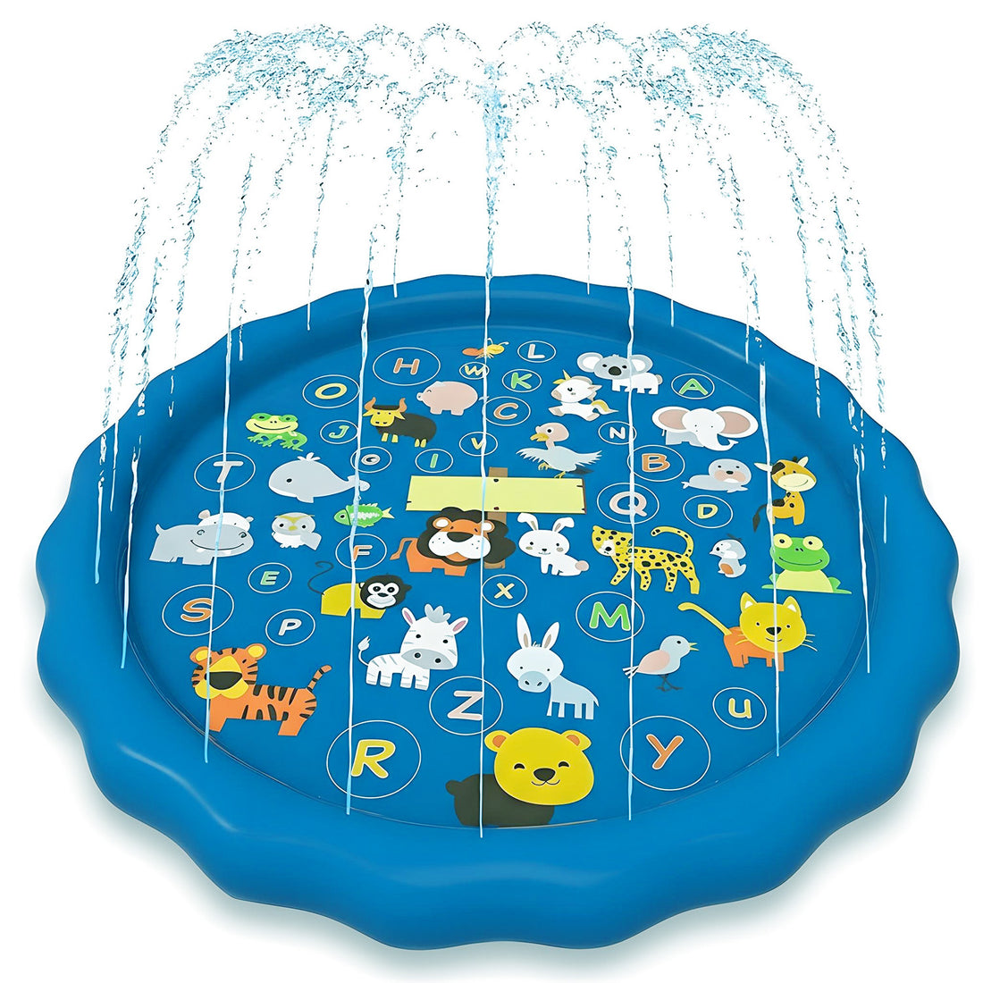 Piscina Gonflabila Elindor® 3-in1, cu Jeturi de Apa pentru Copii, Model Litere si Animale Salbatice, de Interior / Exterior, Distractie si Educatie, Jucarii Bebelusi si Copii, Instalare Rapida, Diametru 1 m, Bleumarin