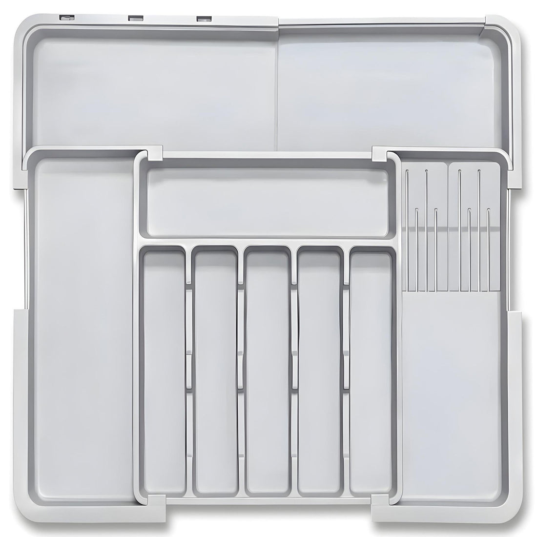 Organizator Extensibil Elindor® pentru Tacamuri si Ustensile de Bucatarie, 9 Compartimente, Sertar Extensibil 36.8-48.3 cm si 33.5 – 55.9 cm, Suport Ajustabil pentru Cutite, Linguri, Furculite, Gri