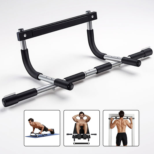 Bara Tractiuni Elindor® pentru Usa, Otel Intarit 1.7 mm, Greutate Maxima Suportata 200 kg, Manere Multiple Antialunecare, Protectie Dubla Silicon, Montaj fara Suruburi, Fitness Acasa si Sala, Negru