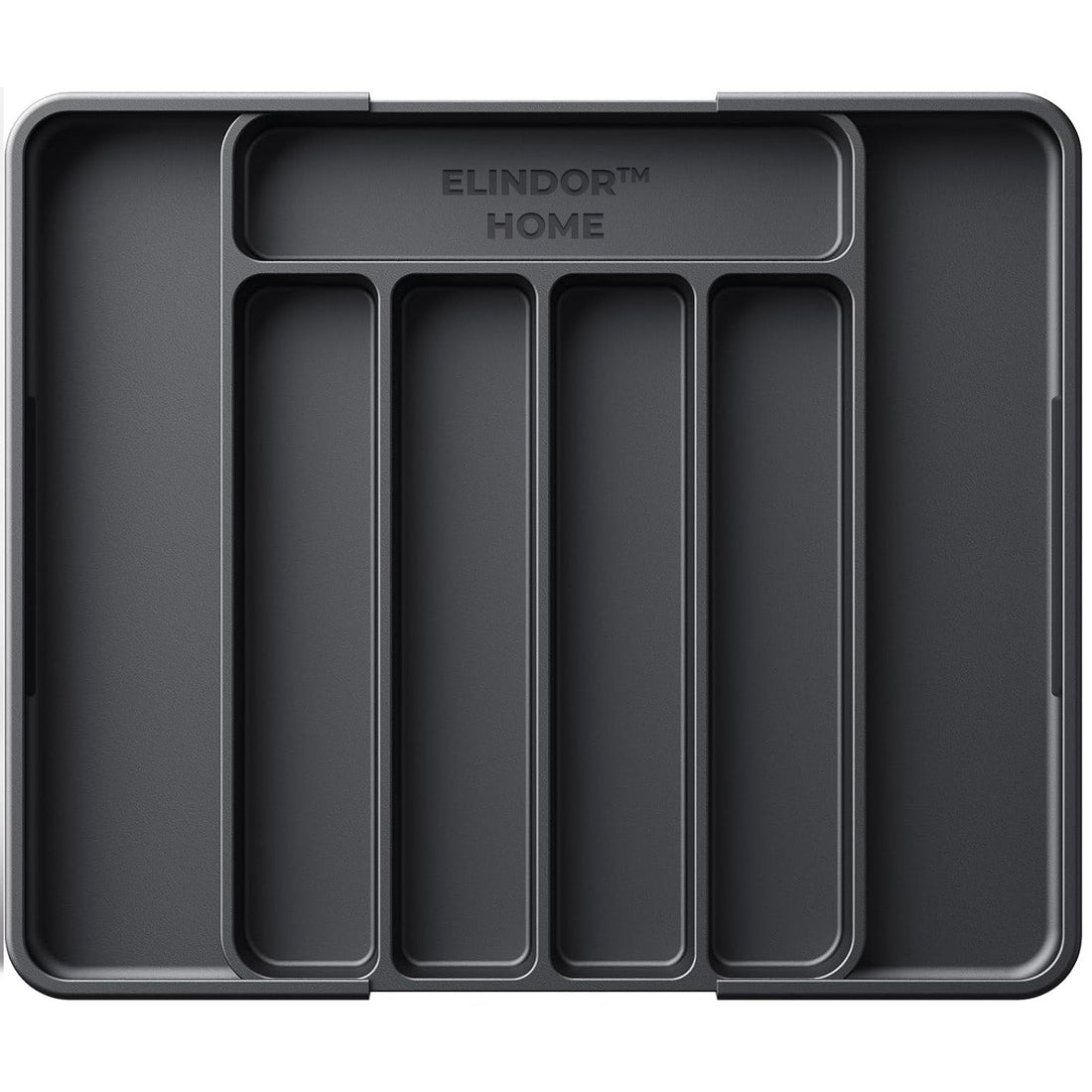 Organizator Negru Elindor® pentru Tacamuri si Ustensile de Bucatarie, 7 Compartimente, Sertar Extensibil 22-38 cm, Suport Ajustabil pentru Cutite, Linguri, Furculite, Accesorii Bucatarie, Separator Sertar, PP
