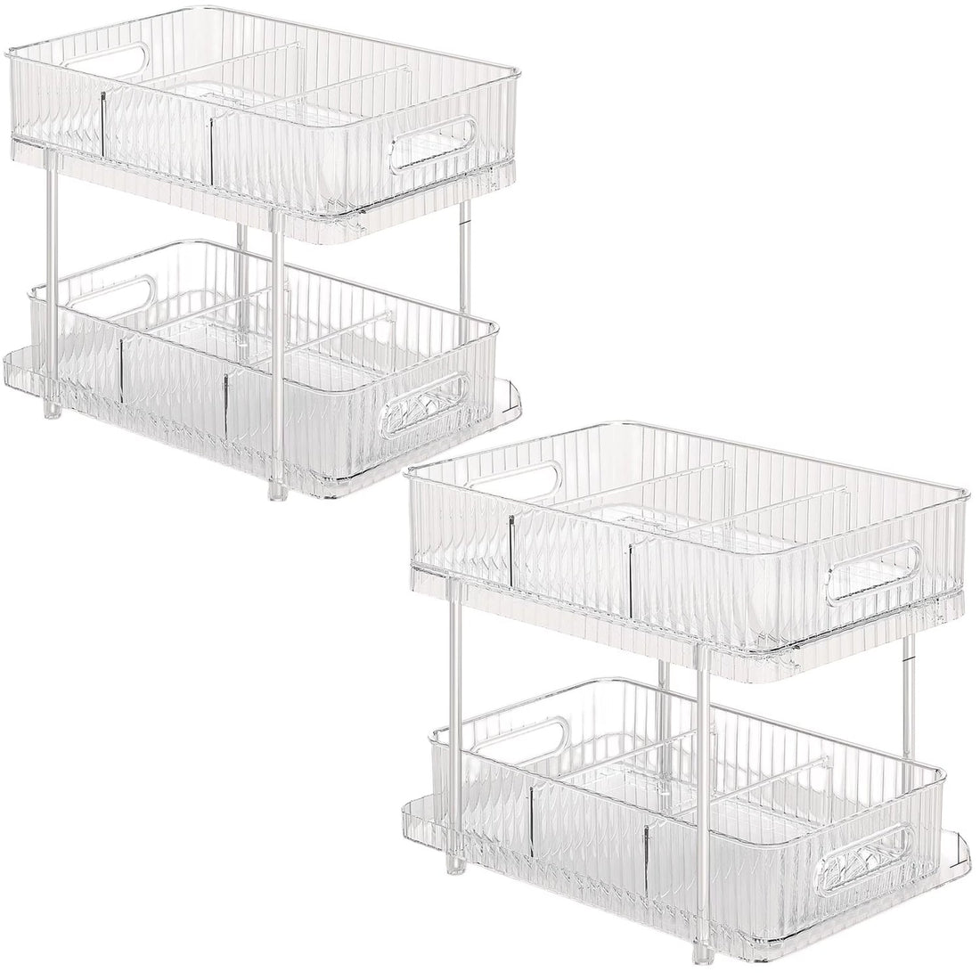 Set 2 Organizatoare Transparente Elindor® cu 2 Nivele si Separatoare, Recipient de Depozitare Multifunctional si Glisant, Organizator pentru Dulapul de sub Chiuveta din Baie si Bucatarie, 30.4 x 23 x 16 cm