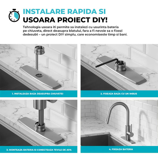 Baterie Bucatarie cu Dus Extractibil Elindor®, Jet Ajustabil, Design Modern, Argintiu