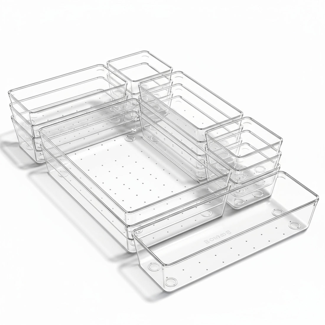 Set 12 Cutii Depozitare Elindor® Organizator pentru Bucatarie si Baie, 4 Marimi, Organizatoare Dulap si Sertare, Cutie pentru Sertar, Frigider, Camara, Baie, Bar, Birou, Cos Multifunctional, Separator Fructe, Legume, Creme, Parfumuri, Plastic Acrilic