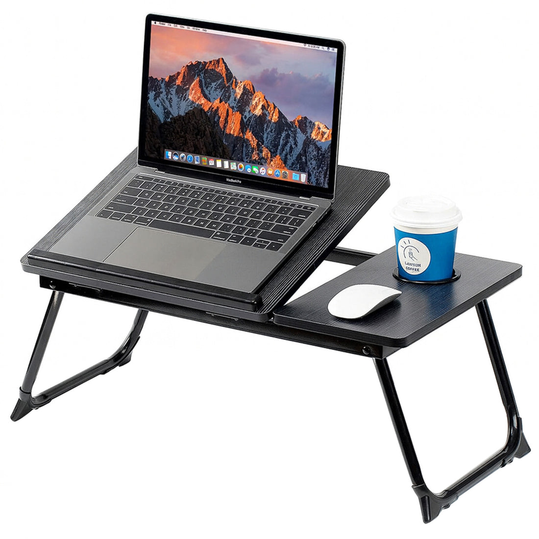 Masa Pliabila pentru Laptop Elindor® cu Suport Pahar, Antiderapanta, 5 Unghiuri de Inclinare, Usor de Depozitat, Birou Portabil Utilizare in Orice Loc, Ideala la Munca sau Mic Dejun la Pat, Negru