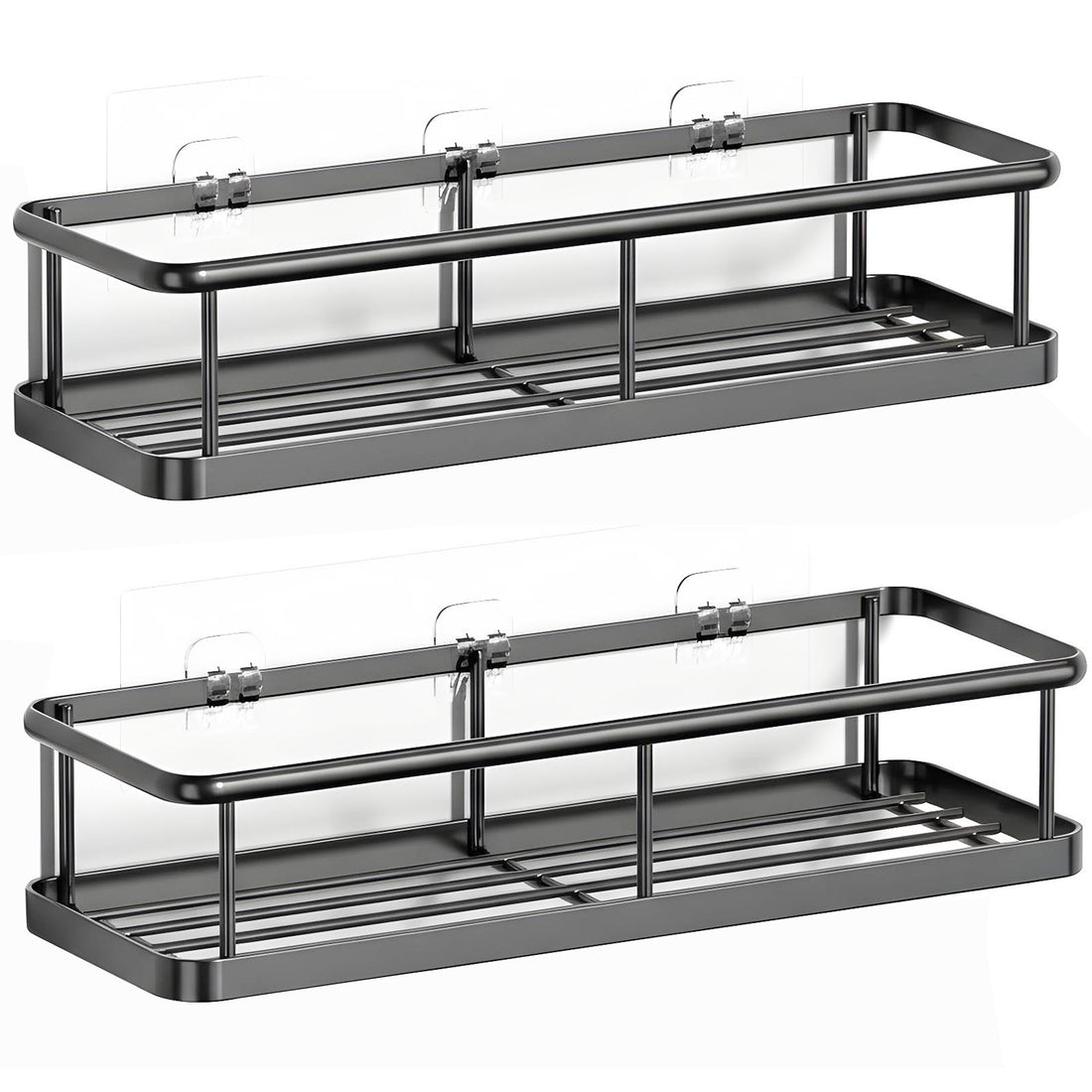 Set 2 Rafturi de Dus Elindor® Polita cu Adeziv, Etajera de Baie, Raft cu Carlige, din Metal, Suport Prosop si Sapun, Organizator Baie sau Etajere Depozitare in Bucatarie, Accesorii, 31.5 x 11 x 6.5 cm, Negru