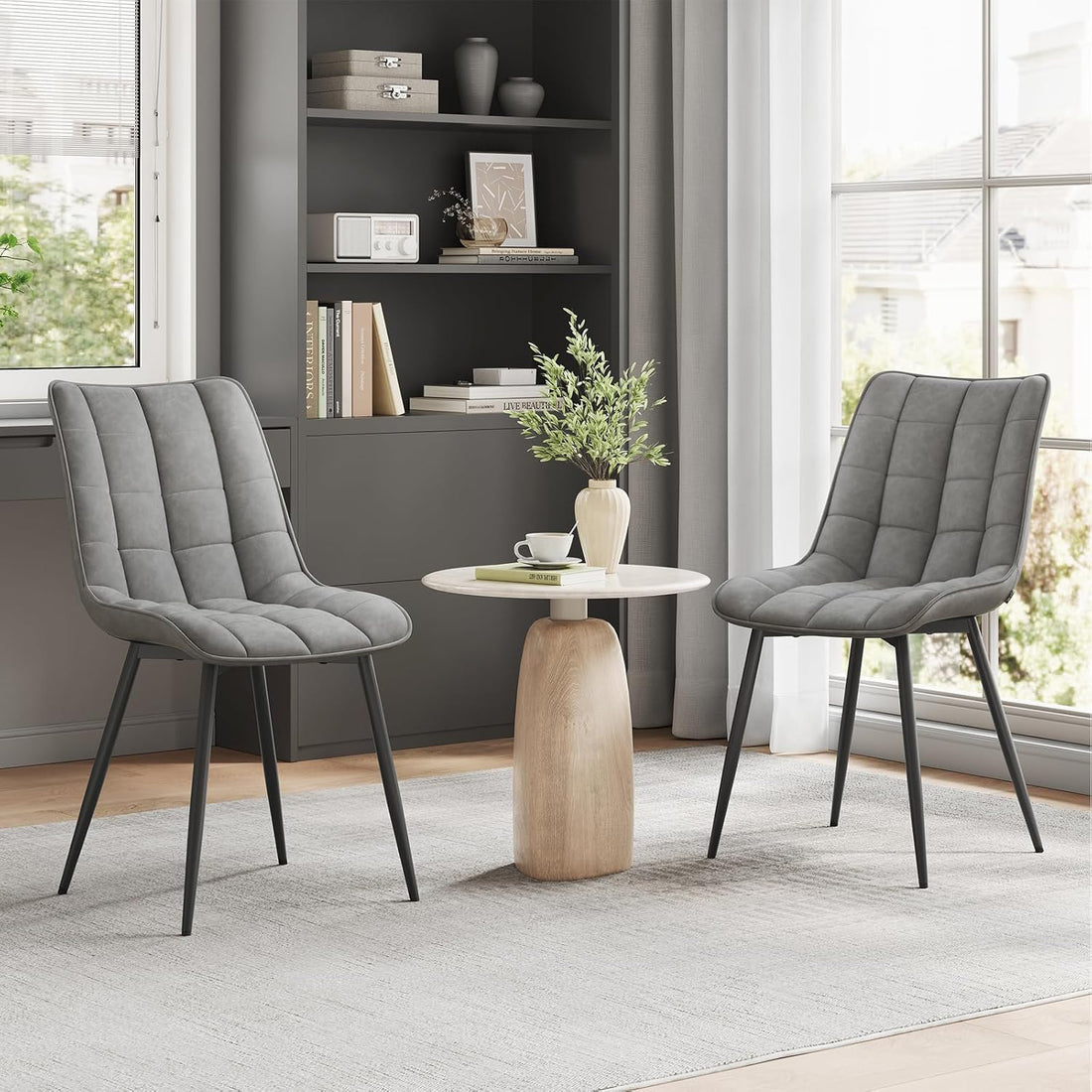 Set 2 Scaune Elindor® Ergonomice, Design Contemporan, Scaun cu Spatar si fara Manere, din Catifea cu Picioare Metalice Negre, Potrivite pentru Living, Bucatarie, Birou, Dormitor, Latime Sezut 46 cm, 85.5 x 45 x 42 cm, Gri