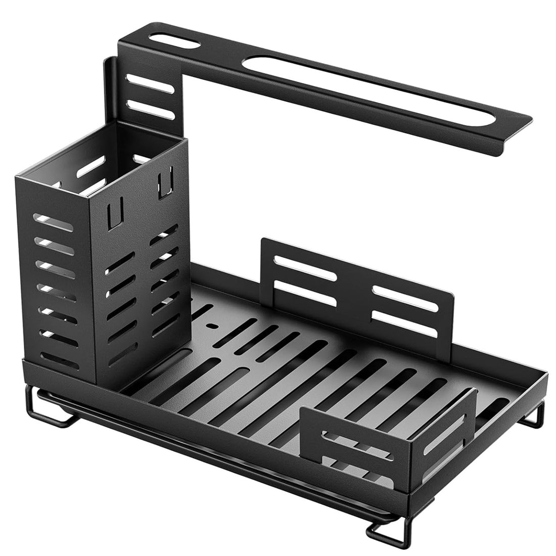 Organizator Chiuveta Bucatarie Elindor® Suport pentru Perii, Bureti, Sapun Vase, Laveta, Uscator Incorporabil, Ideal pentru Tacamuri, Vesela,Tava din Plastic cu Scurgere, Organizator Bucatarie Multifunctional, Otel Carbon, 24.7 × 15 × 13.5 cm, Negru