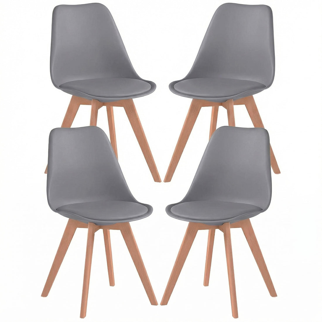 Set 4 Scaune Bucatarie Gri Elindor® din Piele Ecologica, Picioare din Lemn, Scaun Confortabil, Perna Sezut, Elegant, pentru Bucatarie, Dormitor, Living, 50 x 45 x 81 cm