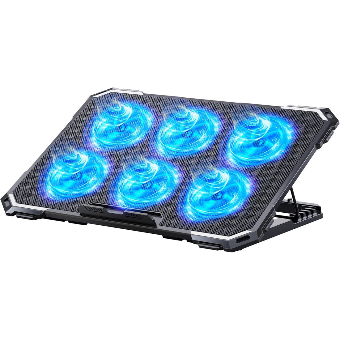 Cooler Laptop Gaming RGB Elindor® Suport cu Unghi Reglabil pe 6 Nivele, Dimensiuni Compatabile 13-15.6 Inch, 6 Ventilatoare Puternice si Silentioase 25dB, Viteza Ajustabila, 2 Porturi USB, pentru Birou, Calatorii, 41.6 x 28.5 x 2.8 cm, Negru