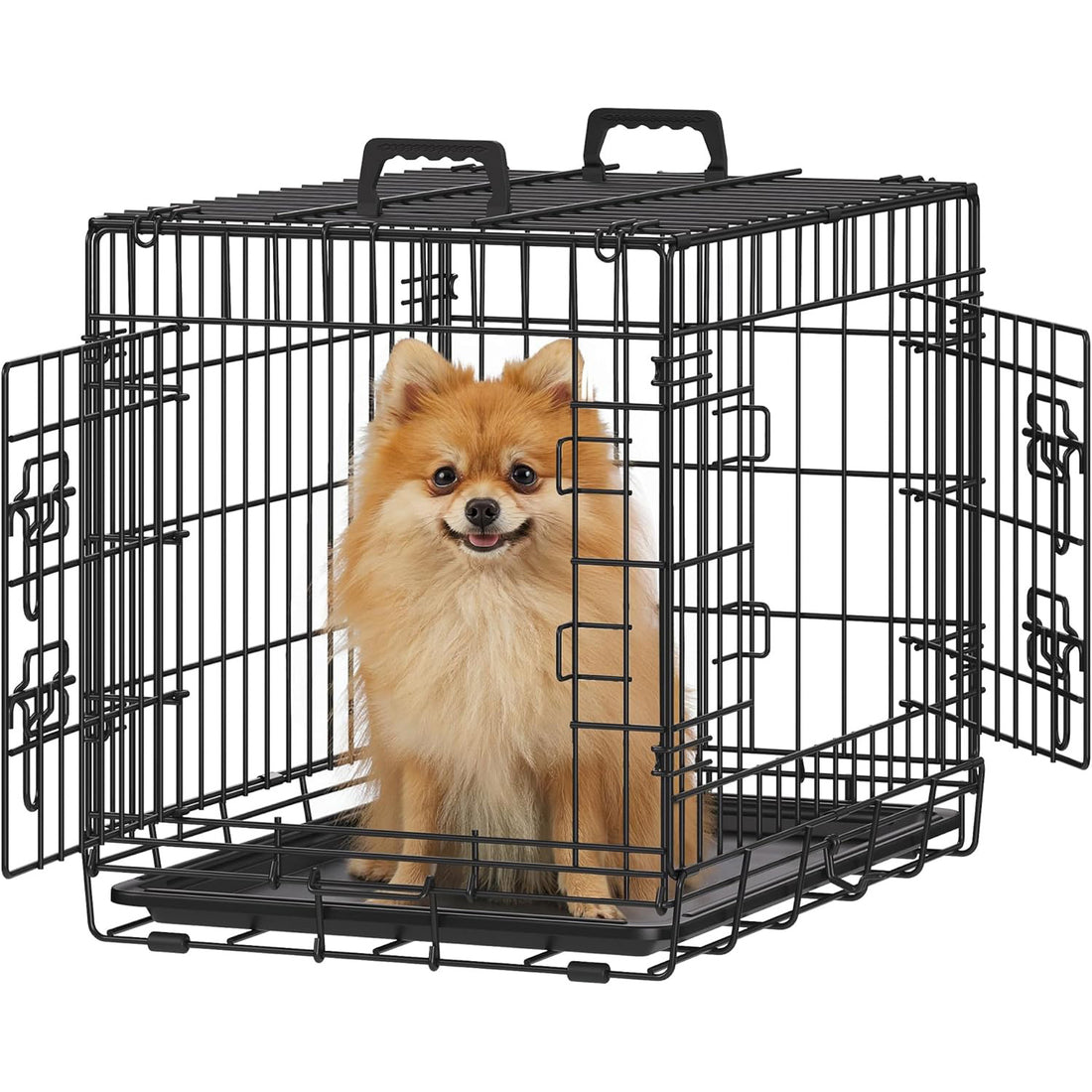 Cusca pentru Animale Elindor® Pliabila, Potrivita pentru Caini de Talie Mica, Medie de pana la 5 Kg, Utilizare in Interior si Exterior sau Calatorii, cu 2 Usi, Baza din Plastic Detasabila, 2 Manere pentru Transport, Marime S, 47 × 31 × 37.5 cm, Negru