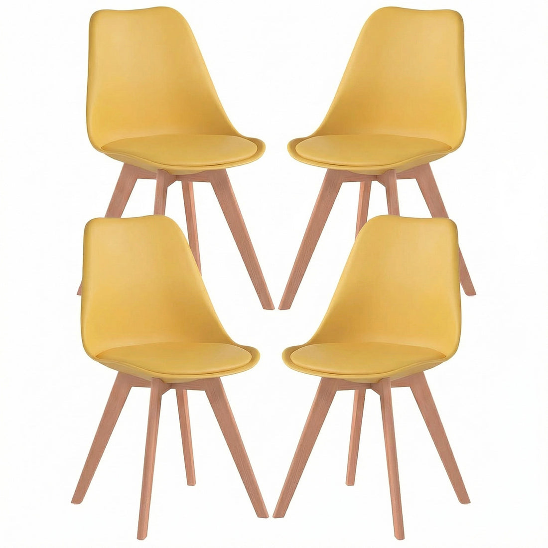 Set 4 Scaune Bucatarie Elindor® din Piele Ecologica, Picioare din Lemn, Scaun Confortabil, Perna Sezut, Elegant, pentru Bucatarie, Dormitor, Living, 50 x 45 x 81 cm, Galben