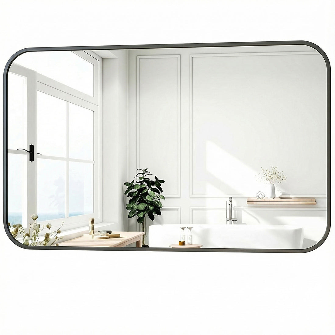 Oglinda Decorativa 122x75 cmElindor® Agatare pe Perete sau Sprijinita, Neagra, Dreptunghiulara, Colturi Rotunjite, Moderna si Eleganta, Reflexie HD, Sticla fara Distorsiuni, Ideala pentru Dormitor, Living, Birou, Dressing, Hol, Baie, Rama Metalica,