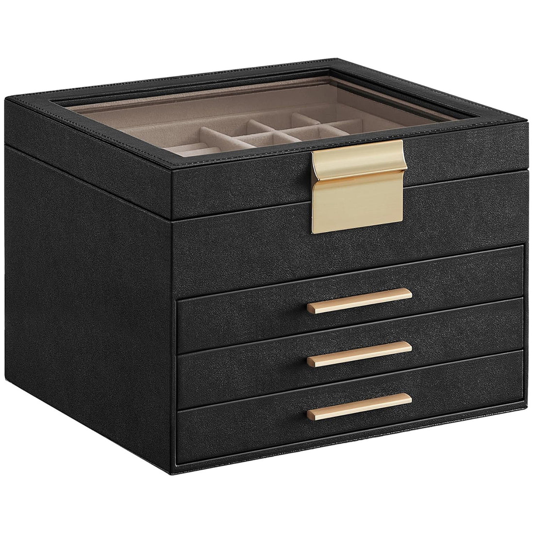 Cutie de Bijuterii Elindor® cu Capac, Organizator 4 Niveluri, 3x Sertar, Spatiu de Depozitare Inel, Verighete, Lantisoare, Bratari, Cercei, Caseta din Material Catifelat, Design Rafinat, Simplu si Elegant, Piele Ecologica Neagra, 23×20x16