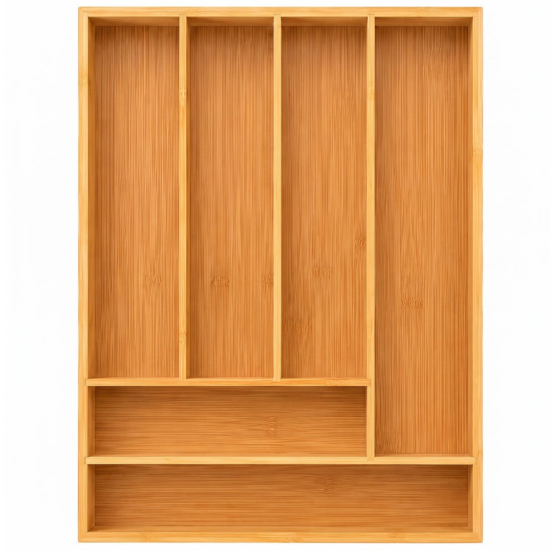 Organizator Fix Elindor® din Bambus, pentru Depozitare Tacamuri si Ustensile de Bucatarie, Furculite, Linguri, Cutite, Suport 6 Compartimente, Separator Sertare Spatios, Accesorii Organizare, Sertar 43 x 30.5 x 5 cm, Bej