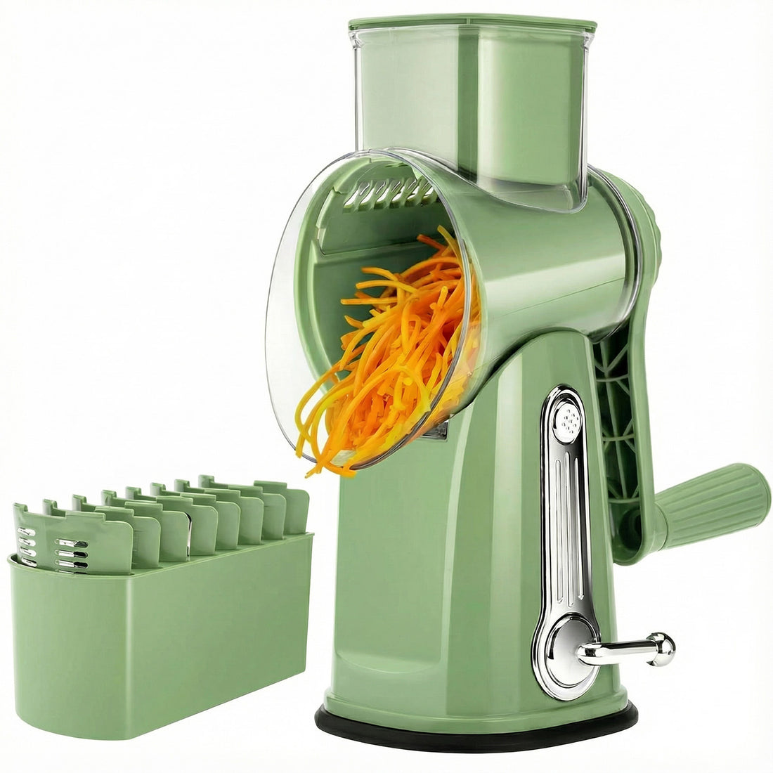 Razatoare Rotativa 5 in 1 Elindor® cu Maner, Lame din Otel Inoxidabil, Tocator Legume, Razatoare Branza, Nuci, Morcovi, Varza, Ustensila de Bucatarie, Design Compact, Multifunctional, Verde