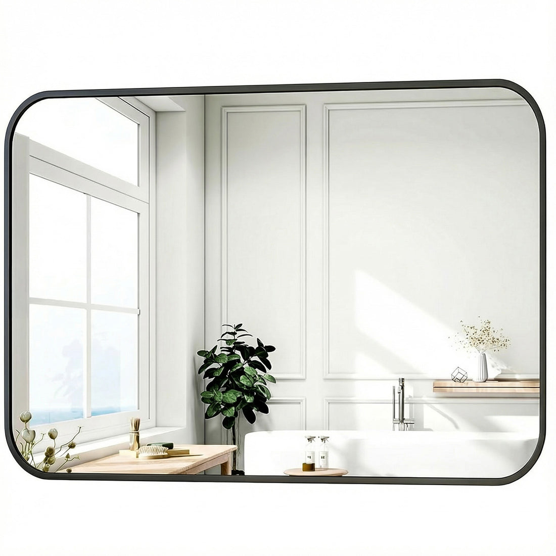 Oglinda Decorativa Elindor® 100x75cm Rama Neagra Agatare pe Perete sau Sprijinita, Dreptunghiulara, Colturi Rotunjite, Moderna si Eleganta, Reflexie HD, Sticla fara Distorsiuni, Ideala pentru Dormitor, Living, Birou, Dressing, Hol, Baie,