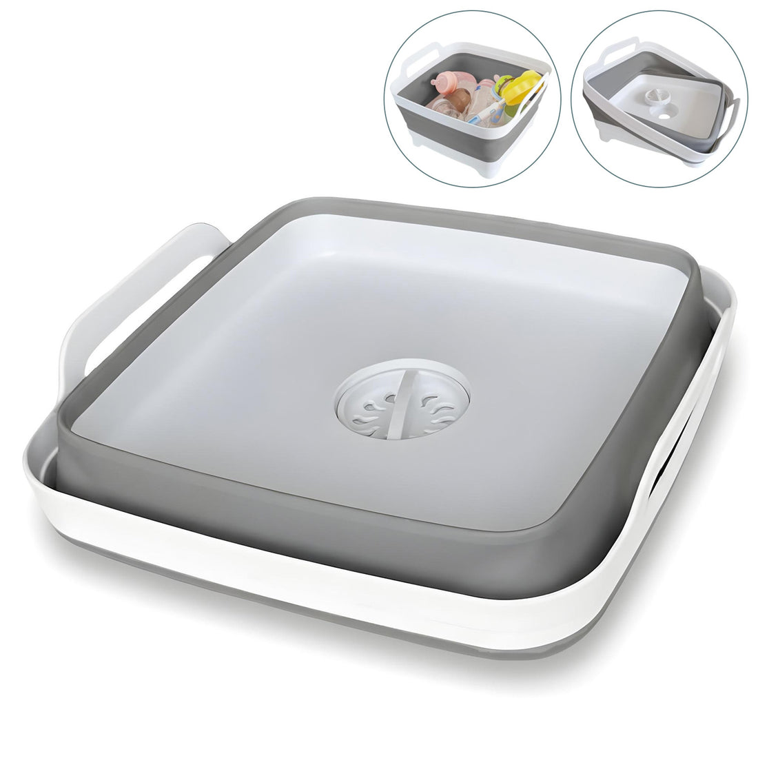 Lighean Pliabil Elindor® cu Dop de Scurgere, din Plastic Dur, Mare, Cos Rufe pentru Baie, Cadita pentru Animale de Companie, Ideal pentru Camping / Rulota, Baza Antialunecare, 30.5×31.5×20 cm, Gri / Alb