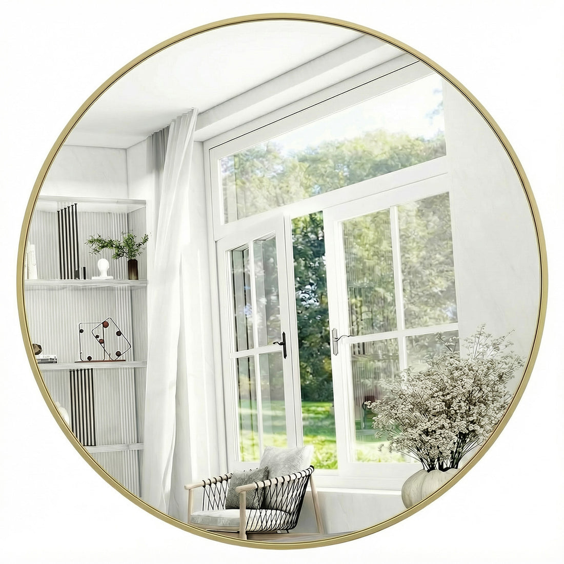 Oglinda Rotunda Aurie Elindor® Decorativa, Moderna si Eleganta, Reflexie HD, Sticla fara Distorsiuni, Ideala pentru Dormitor, Living, Birou, Dressing, Hol, Rama Metalica, Diametru 90 cm