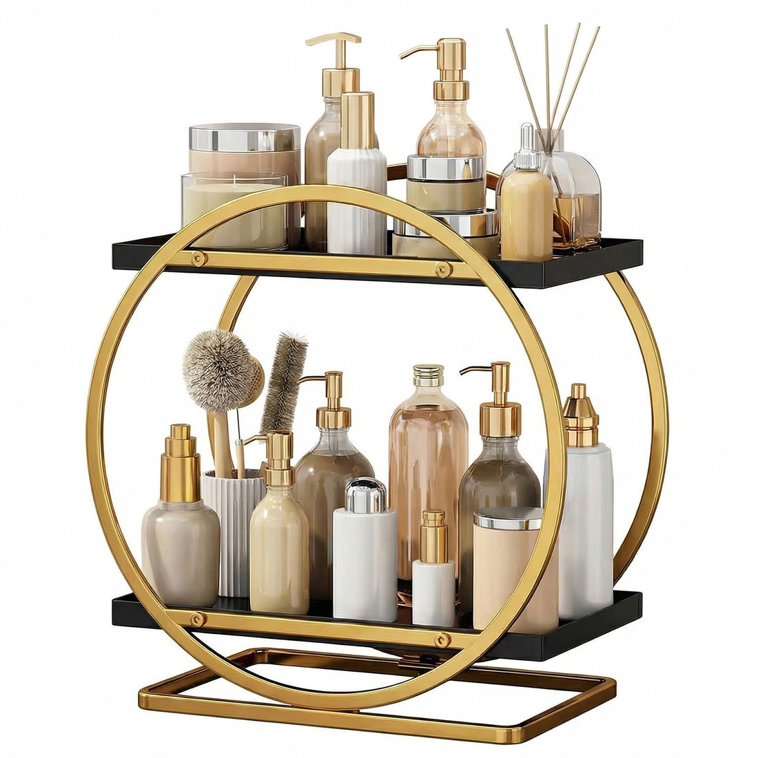 Organizator Cosmetice 2 Niveluri Elindor®, Suport Parfum si Skincare, Raft de Dus Baie, Etajera Depozitare, Accesorii Universale, 28 × 15 × 29 cm, Negru / Auriu