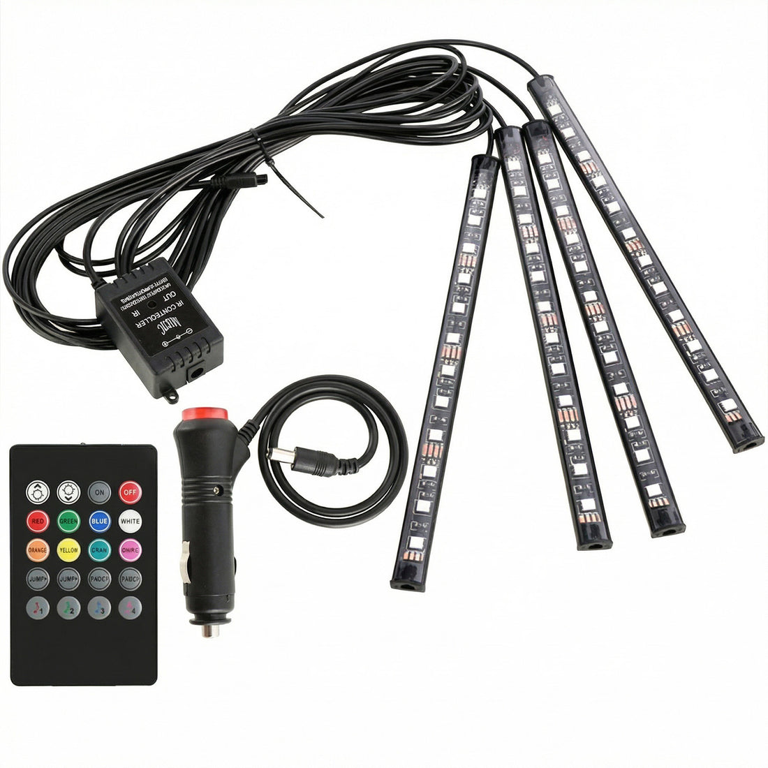 Kit Lumini Ambientale Auto Elindor® Banda LED RGB, Control Wireless cu Telecomanda, 4 Bare cu Leduri cu Sincronizare Muzica, Timer, USB, Lumini Personalizabile, Accesorii Masina Interior 12V