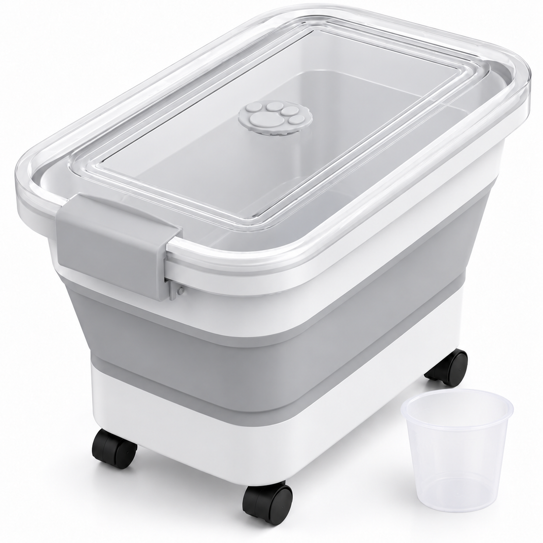 Recipient Pliabil pentru Hrana Animale Elindor®, Capacitate Aproximativ 10 kg, Cutie Depozitare Mancare Caini si Pisici, Capac Transparent cu Inchidere, Compartiment Condimente, 4 Roti Detasabile, PP si TPR, 45 x 29 x 32 cm, Alb / Gri
