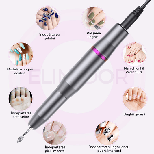 Freza Unghii Profesionala Elindor® cu Fir pentru Manichiura si Pedichiura, 20000 RPM, 6 Capete Pila, 36 Benzi Slefuire, Portabila, Gri
