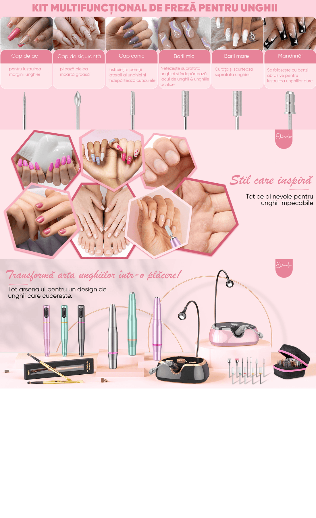 Freza Unghii Profesionala Elindor® cu Fir pentru Manichiura si Pedichiura, 20000 RPM, 6 Capete Pila, 36 Benzi Slefuire, Portabila, Gri