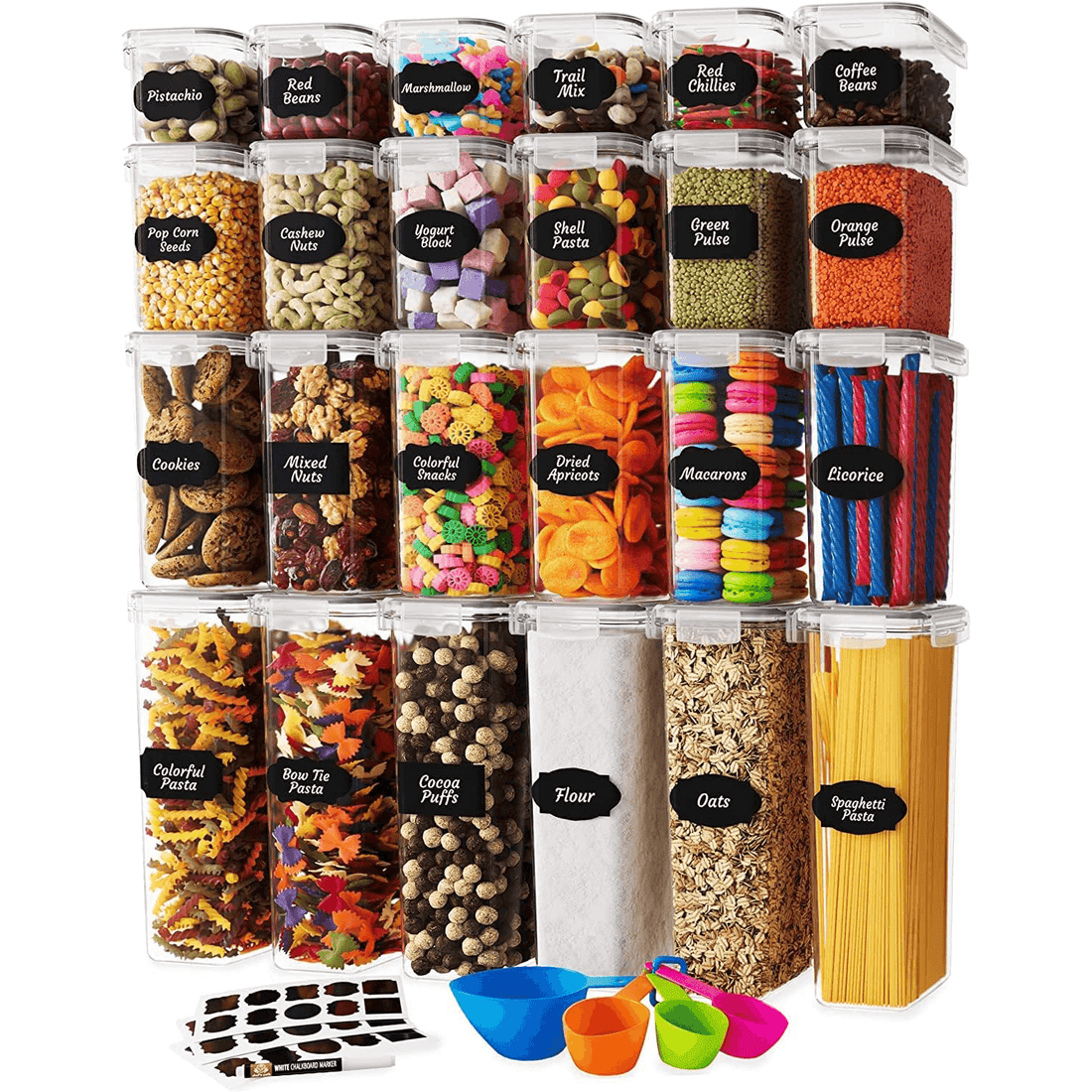 Set de 24 Recipiente Elindor® Mari si Mici, Caserole Ingrediente pentru Bucatarie, pentru Alimente Uscate, Recipient pentru Depozitare Cafea, Zahar, Paste, Cereale, Capac Etans, fara BPA, Etichete Reutilizabile, Transparent