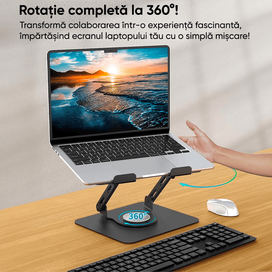 Suport Laptop Ergonomic, Reglabil, Bază Rotativă 360°, Negru