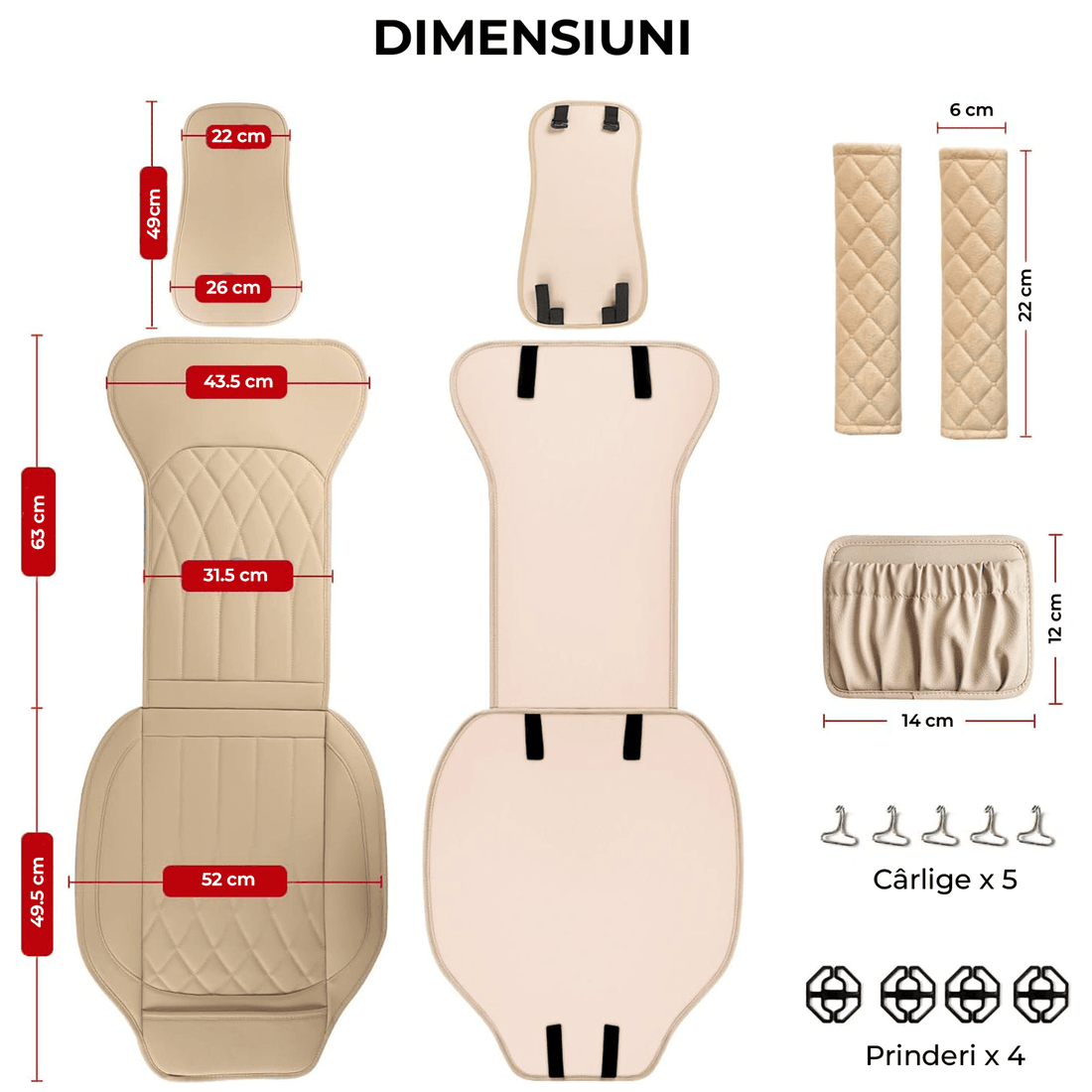 Set 2 Huse Impermeabile pentru Scaune Auto, cu Buzunar de Depozitare și Pernițe pentru Centura de Siguranță, Beige